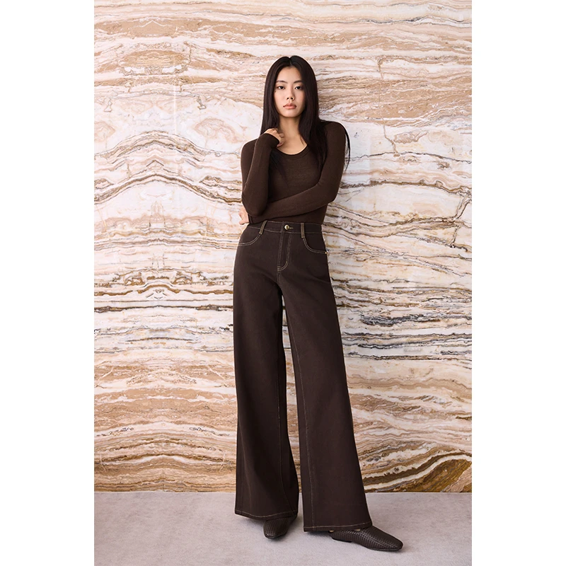 质社原创设计秋冬弹力复古咖色撞皮筒叭牛仔裤HZ037