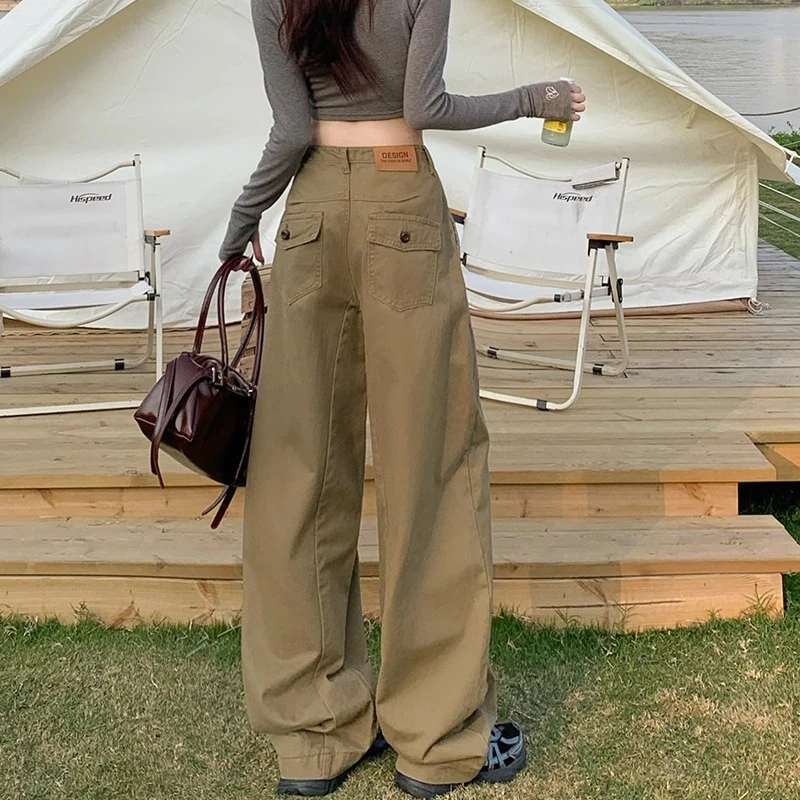 美式复古拿铁棕阔腿裤女春秋新款高腰弯刀显瘦宽松休闲工装拖地裤