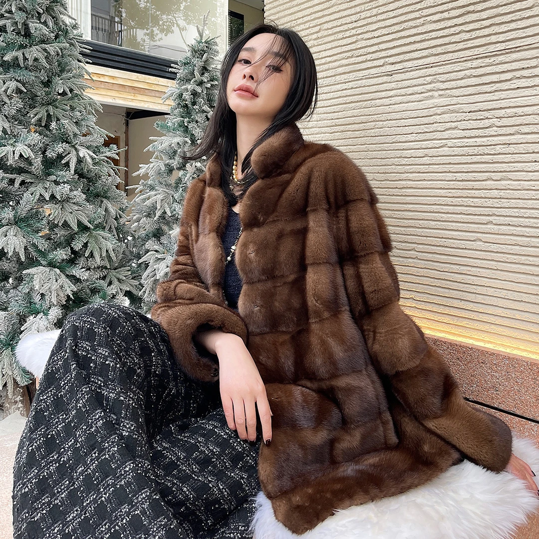 “香榭”进口横排貂皮大衣女2025新款年轻整貂水貂皮草外套中长款