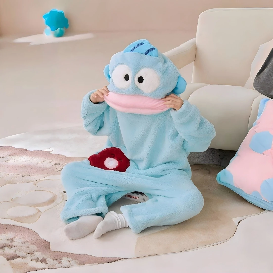 加厚丑鱼搞怪家居服大嘴鱼卡通儿童大童连秋冬长款睡衣睡袍冬天