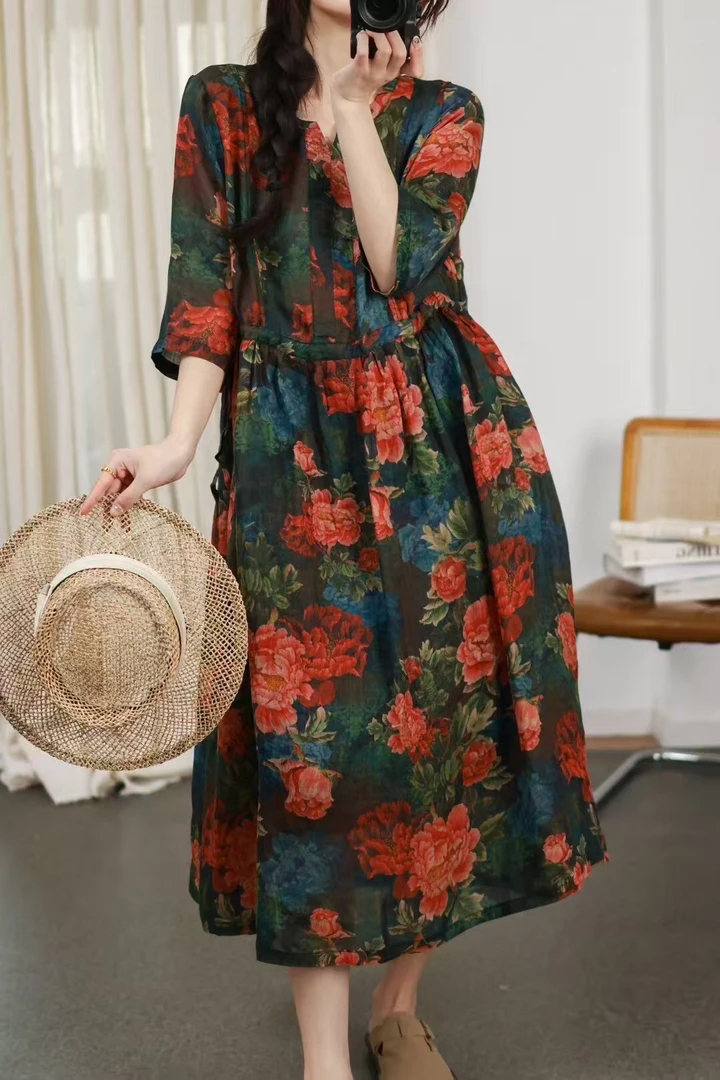 2025夏季新款纯苎麻数码印花长款气质连衣裙