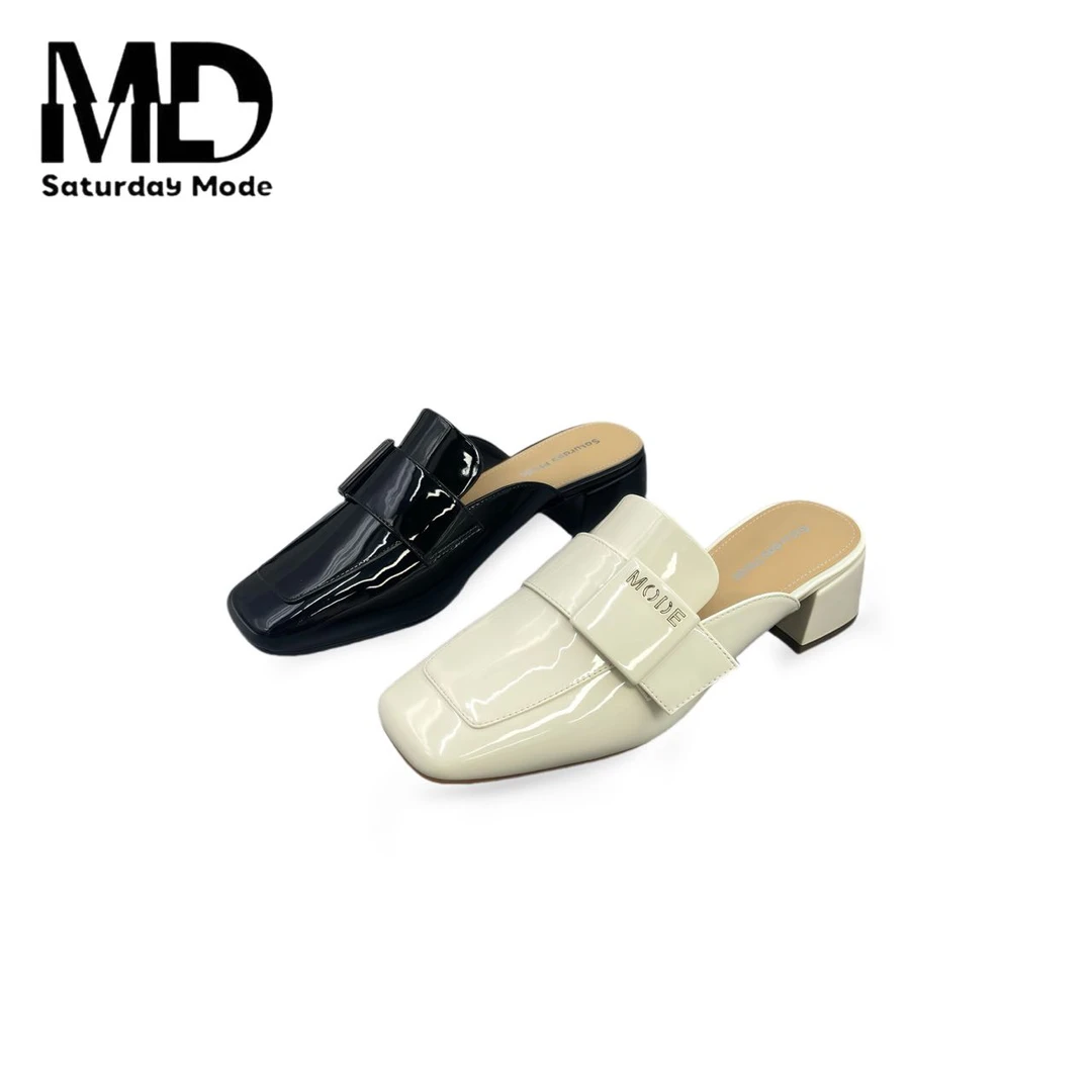 SATURDAYMODE春夏新款粗跟漆皮包头百搭拖鞋1101