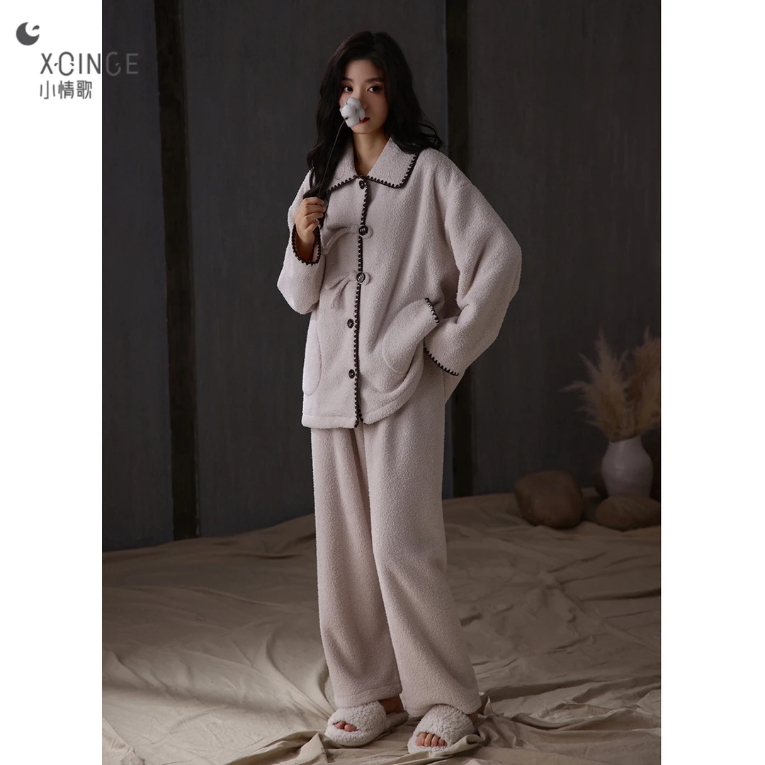 小情歌半边绒秋冬睡衣女新款长袖珊瑚绒加厚保暖家居服套装可外穿