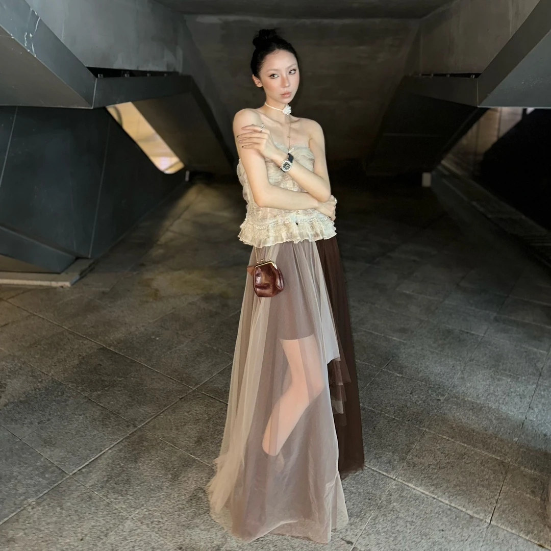 MONSTERMING 复古拼色立体装饰网纱长裙