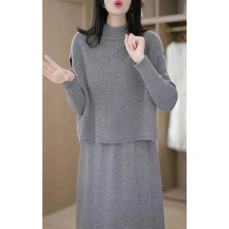 两件套针织毛衣连衣裙女2025秋冬新款高档妈妈配大衣套装加厚裙子