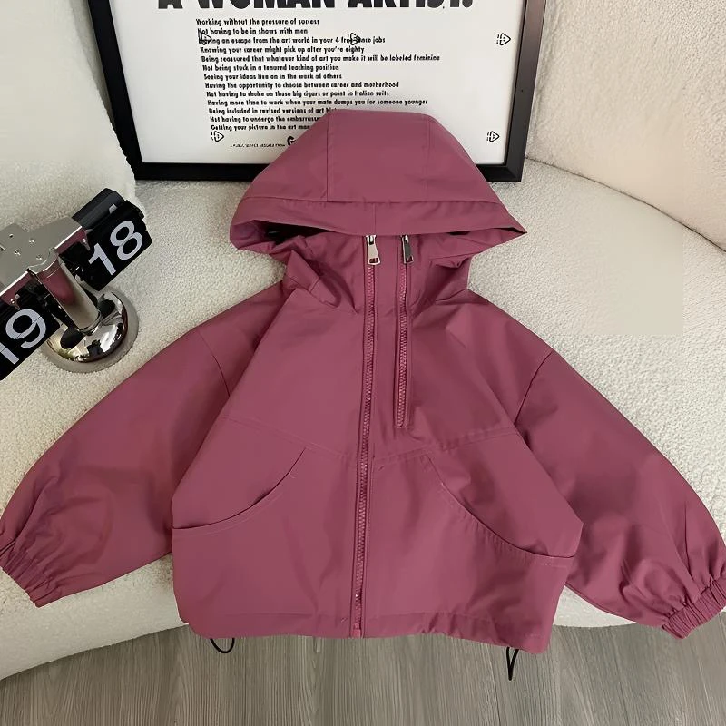 儿童2025新款韩版潮流连帽风衣男女童装纯色百搭长袖运动外套