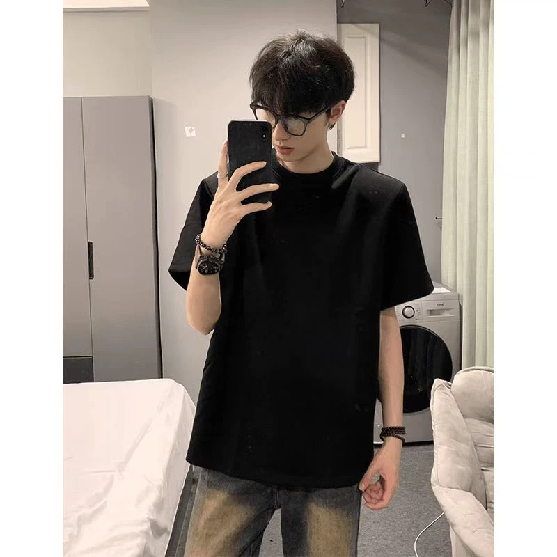 美式复古潮牌简约重磅纯棉短袖T恤男夏装纯色宽松百搭ins潮流半袖