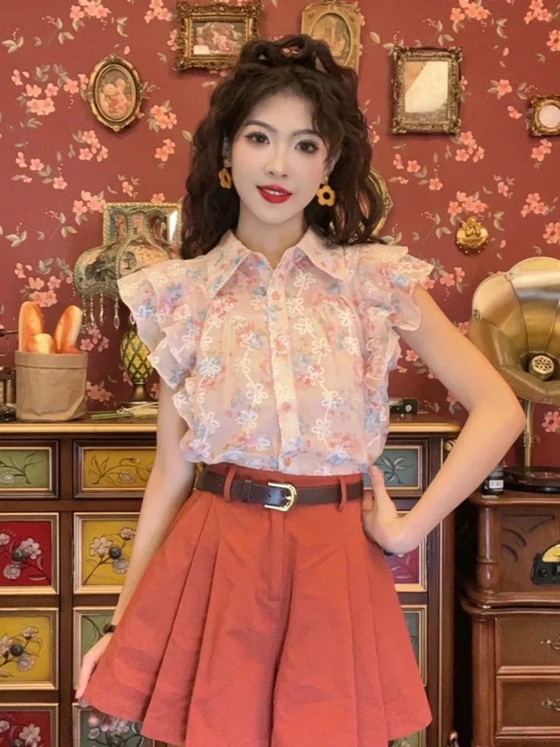 港风穿搭小飞袖上衣碎花短袖衬衫女夏款独特漂亮小衫