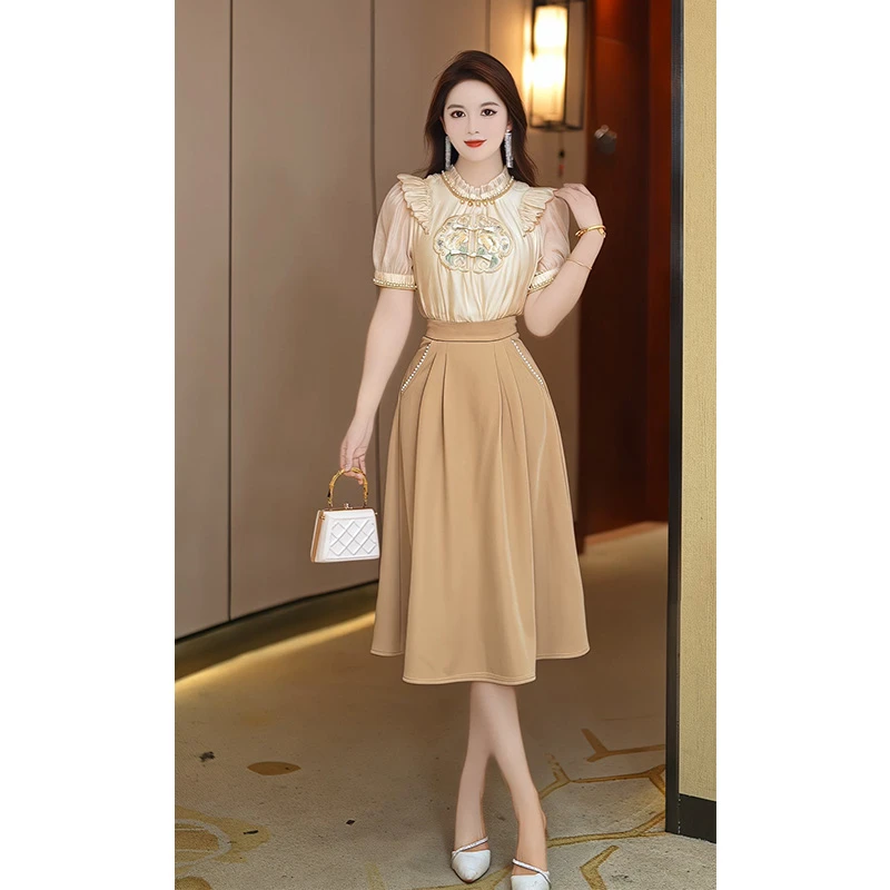 芙娜妮新中式重工钉珠刺绣荷叶边上衣气质收腰半裙两件套F2410327