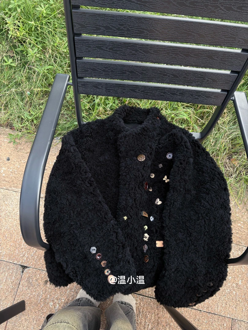 冬装100羊毛~徽章~小众设计感手工定制黑色羊毛外套女