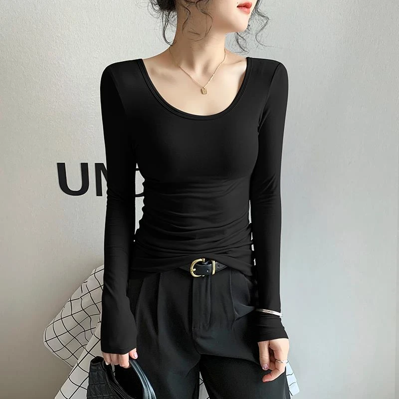 黑色领长袖内搭衣女秋冬内搭2024新款莫代尔低领露背面膜恤上衣