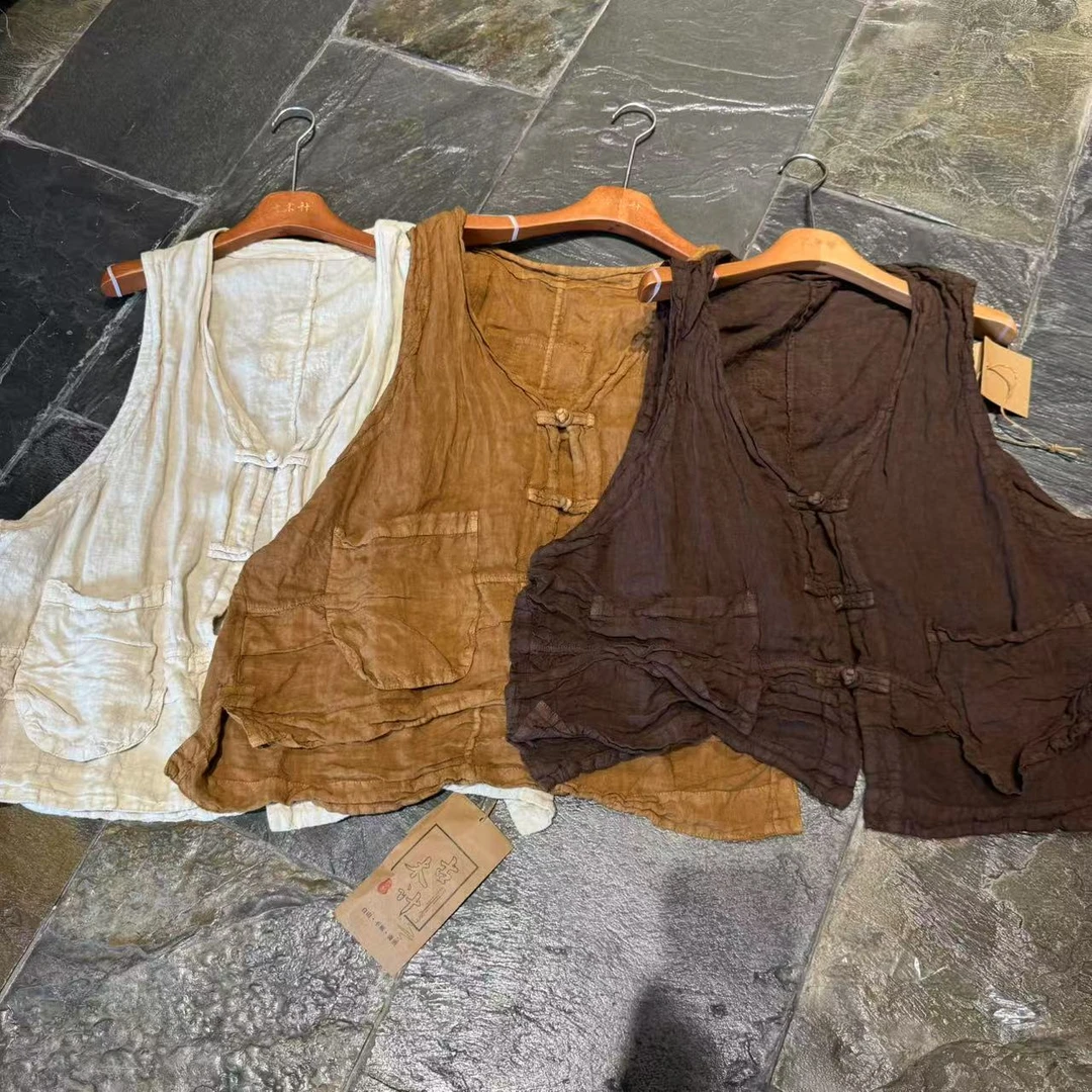2025夏季新款复古百搭亚麻新中式盘扣大口袋马甲长度65胸围130