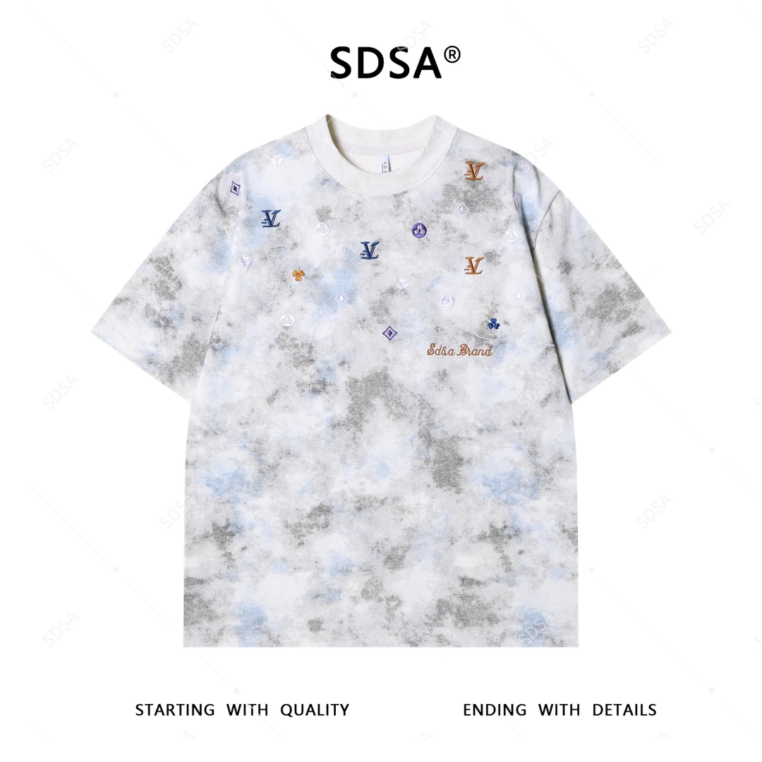 T4055高级感新款男士潮牌扎染撞色刺绣字母圆领短袖T恤宽松上衣