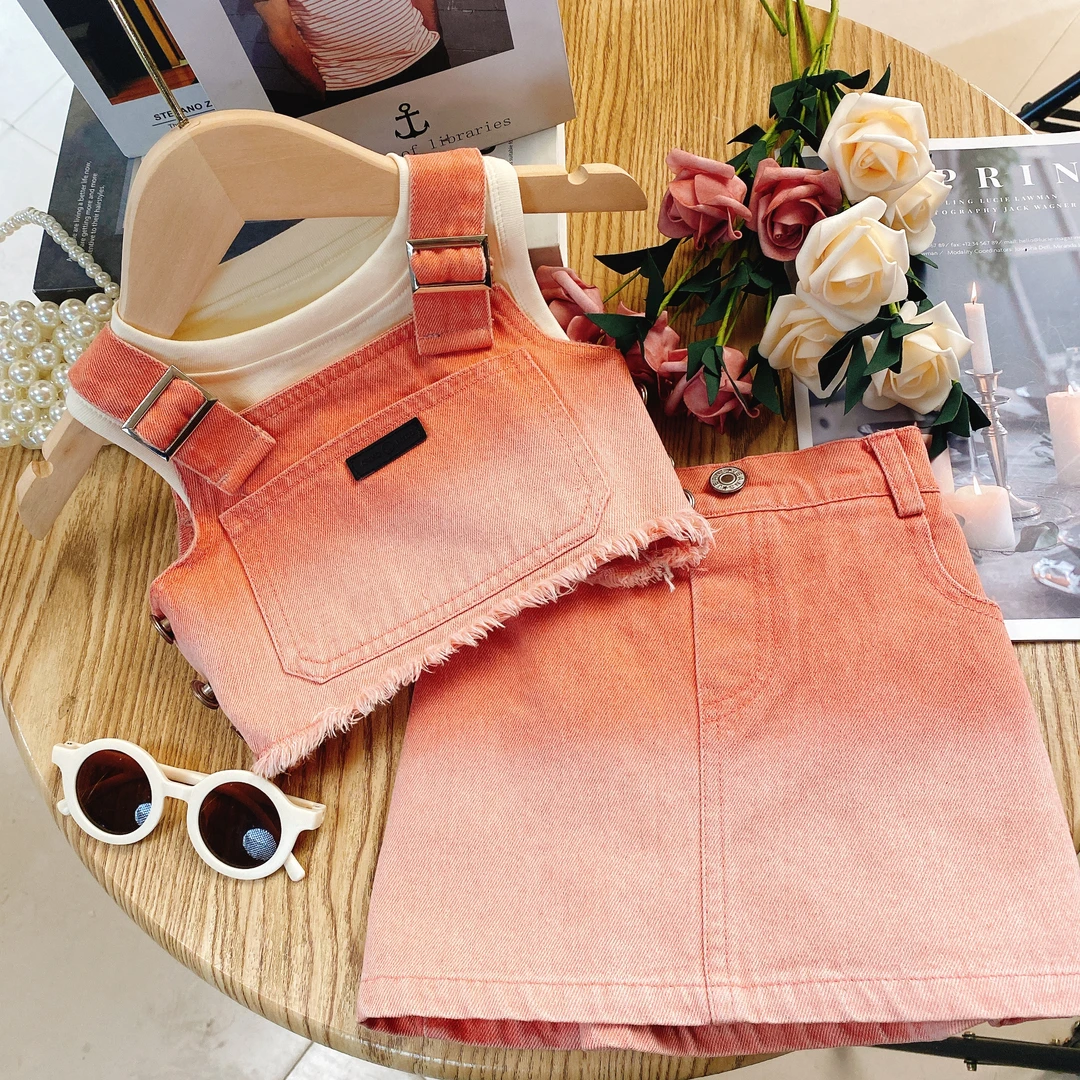 SH【悦禾】女童套装无袖牛仔背带上衣牛仔裙夏季洋气新款两件套8172