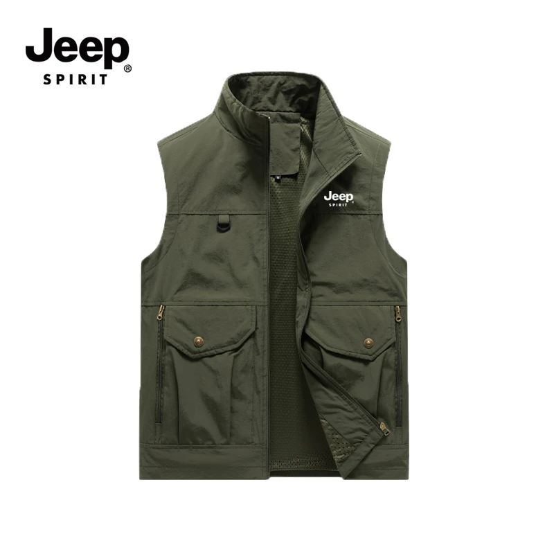 JEEPSPIRIT吉普马甲男纯色免烫标准夏季多口袋四季通用立领短款男