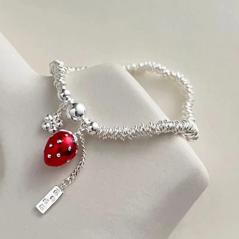 合金手链 简约小众设计莓有烦恼红草莓手链女银圈圆珠碎银百搭