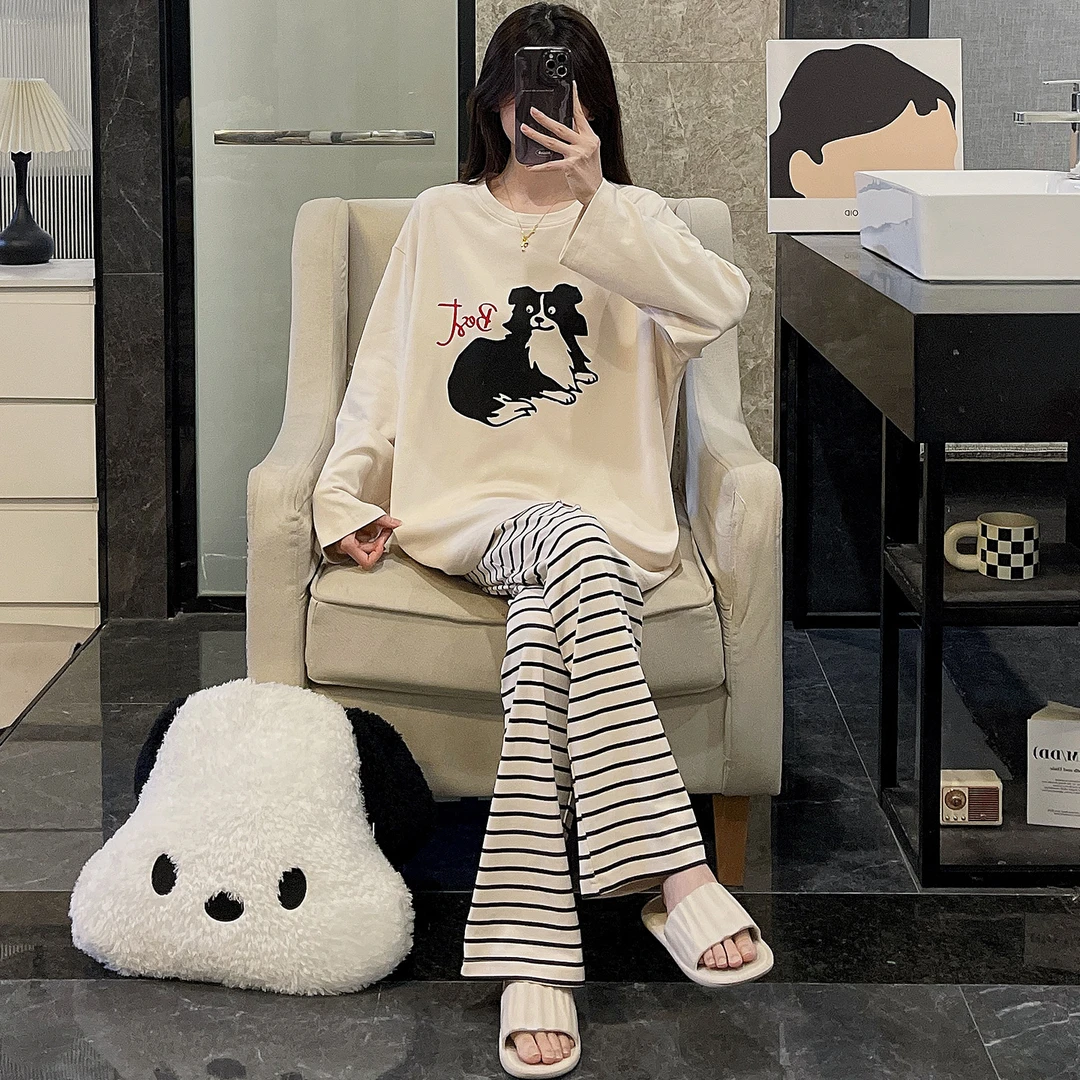 睡衣女春秋季长袖大码纯棉2025年新款可外穿凉感小黑狗家居服套装