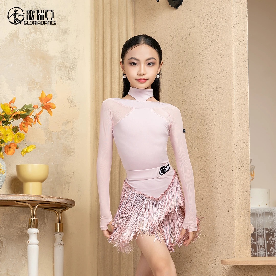 歌瑞亚拉丁舞服儿童新款春秋挂脖露背长袖修身套装高级表演练功服
