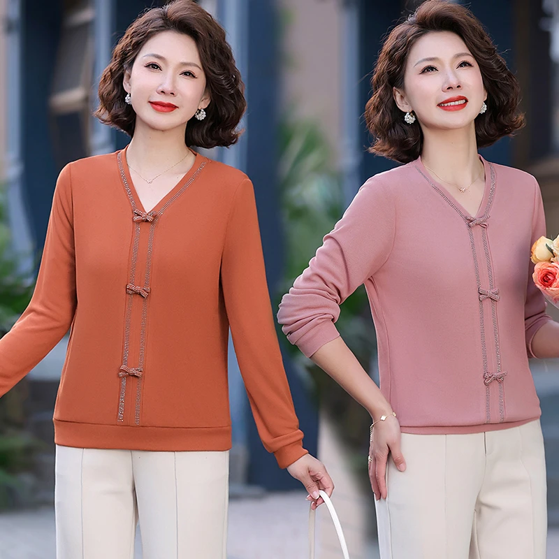 气质妈妈春秋上衣长袖打底衫中年女装针织小衫中老年春秋显瘦上衣