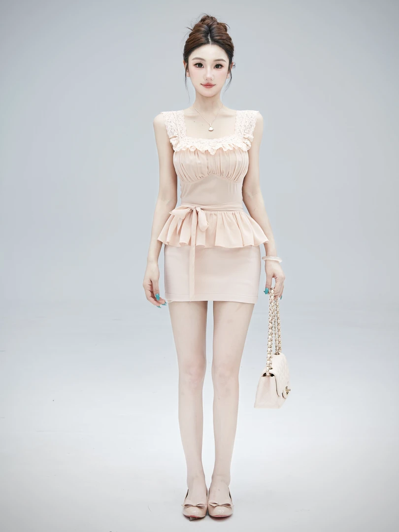 WW定制「甜心云樱」法式轻奢气质纯欲性感修身显瘦收腰洋气上衣半裙