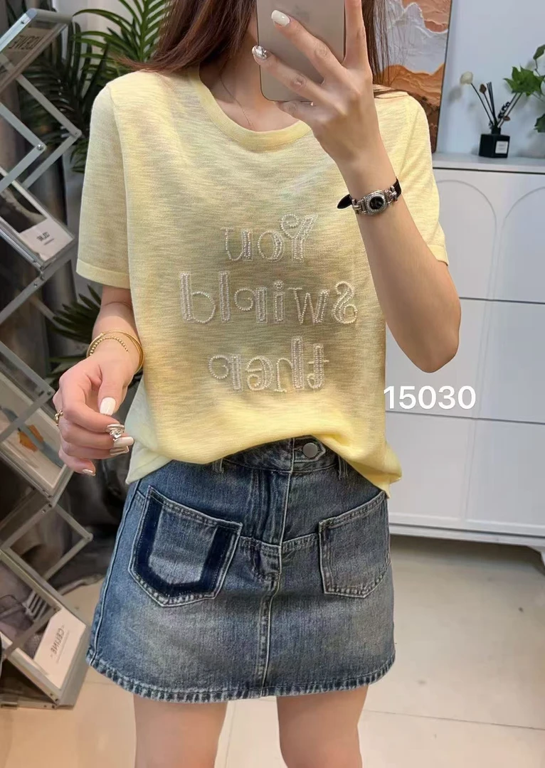 15030  Yjrg洋气珠绣简约针织短袖