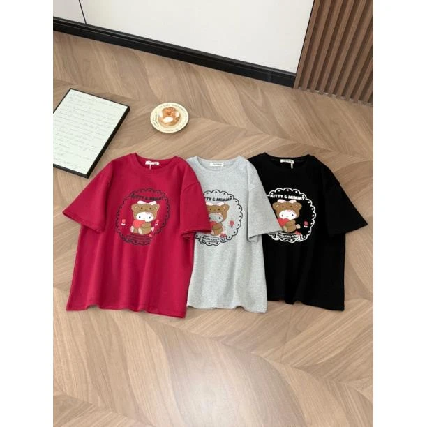 韩单kitt猫爱心猫针织棉磨毛绒弹力棉质半袖T恤