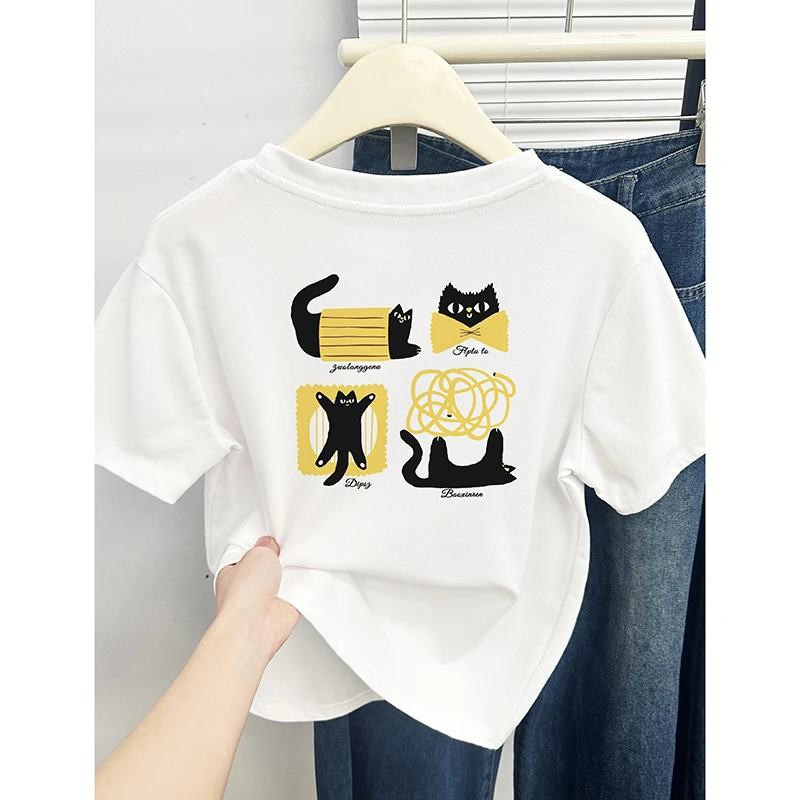 白色正肩短袖t恤女装大码韩版洋气前后印花设计感休闲百搭上衣服