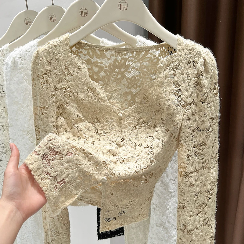 咖色V领蕾丝打底衫女2025秋季长袖修身洋气内搭新款高级感小衫薄