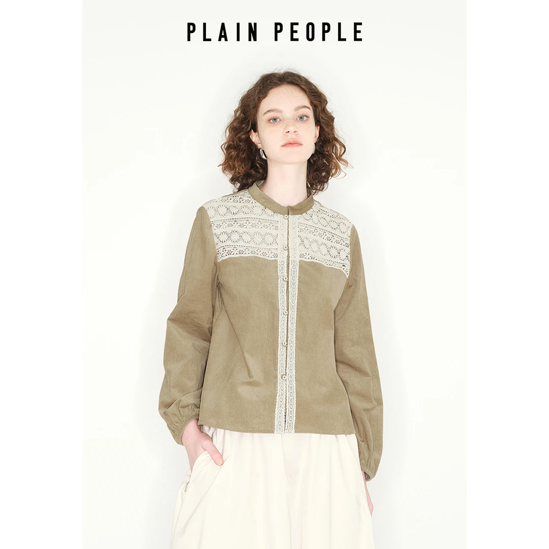 PLAIN PEOPLE法式复古学院灯芯绒蕾丝拼接小立领衬衫2025冬季新款