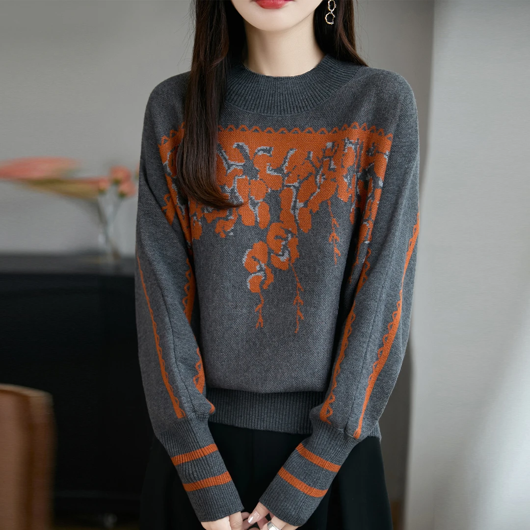 哥弟阿玛施官方秋季洋气提花精仿羊毛针织衫圆领宽松百搭减龄上衣