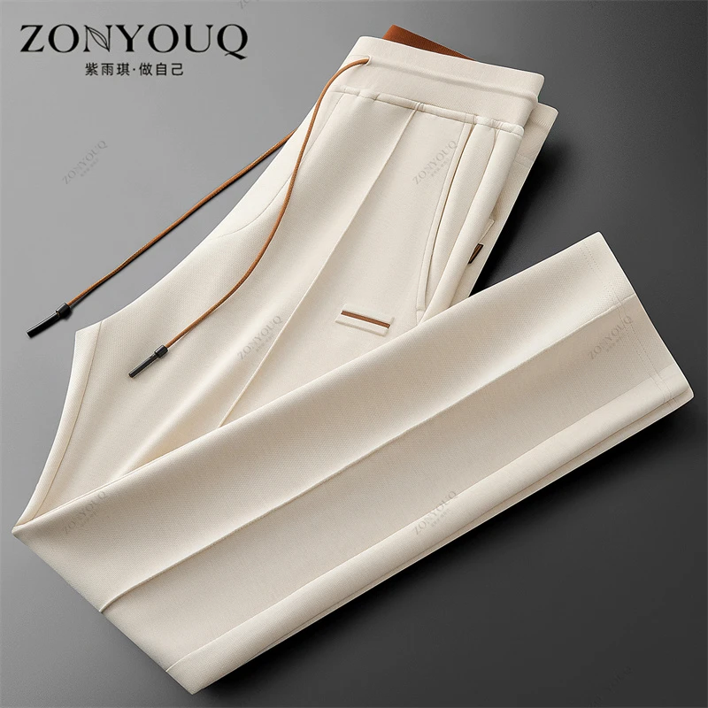 休闲裤男秋冬意式老钱风加绒加厚天丝羊毛运动裤纯色直筒系带长裤