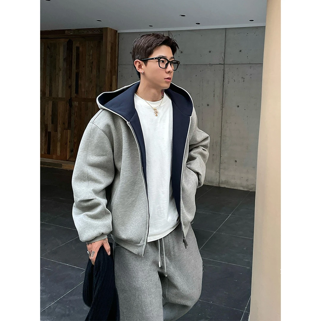 灰色420g重磅开衫卫衣男款秋季双拉炼撞色连帽衫美式boxy短款外套