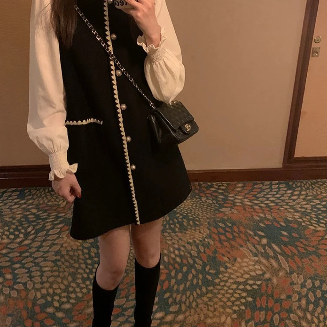 千金小香风背心连衣裙两件套女春季法式高级感黑色花边显瘦短裙子