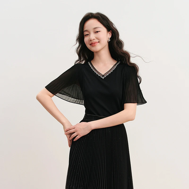 【出游穿搭】【珂莱蒂尔】三分袖四季款毛针织衫显瘦黑色百搭时尚复古