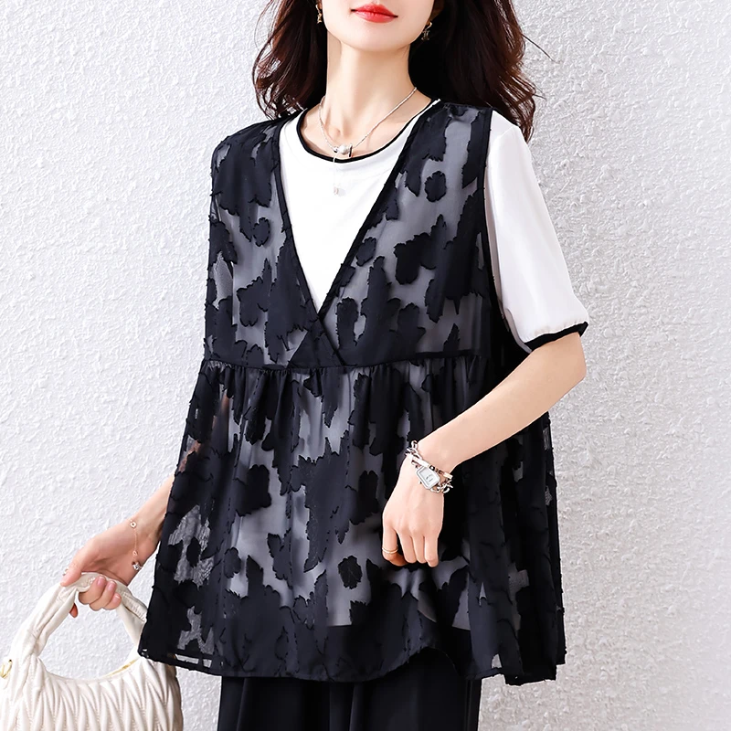 大码蕾丝外搭两件套短袖T恤2025夏季新款欧洲站洋气时髦显瘦上衣