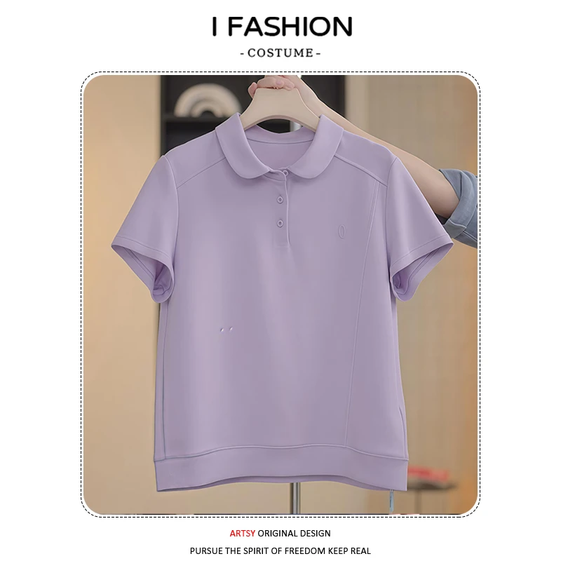 高含棉时尚纯色翻领短袖t恤女2025夏季新款减龄气质显瘦正肩上衣