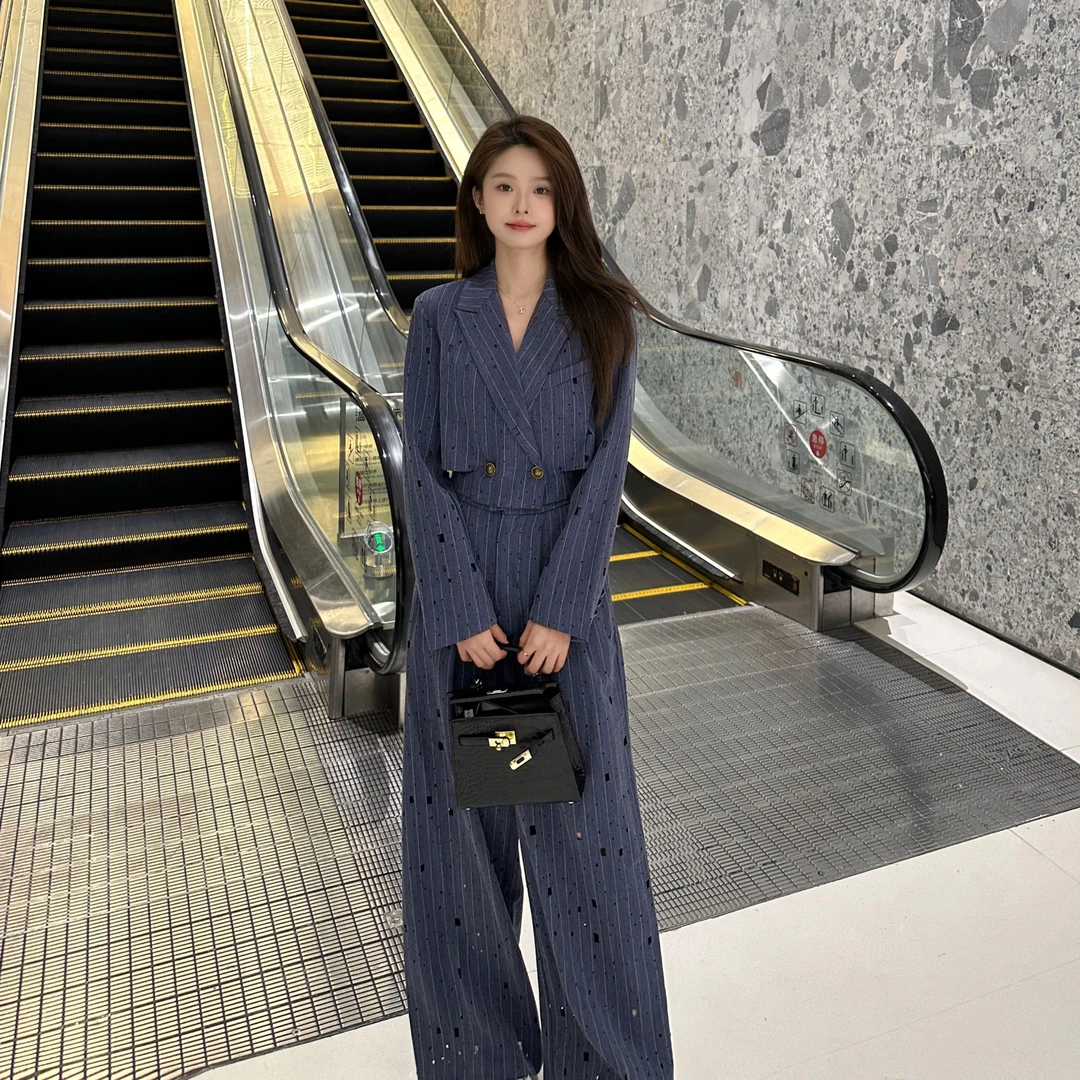 Liixu高级感西装套装女烫钻镂空外套阔腿裤两件套24TZ076