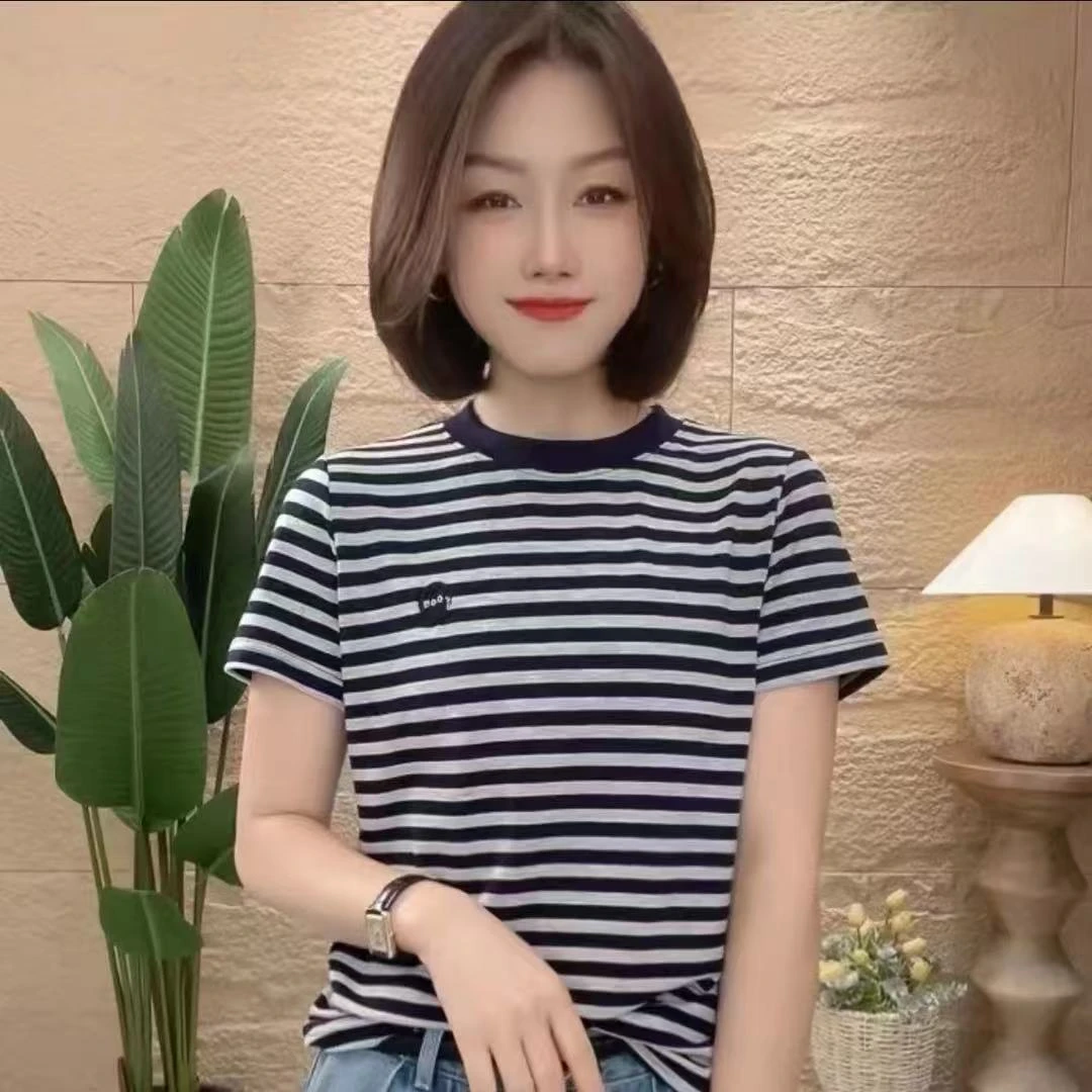 2025时尚显瘦百搭条纹气质洋气休闲女士夏季半袖宽松圆领条纹