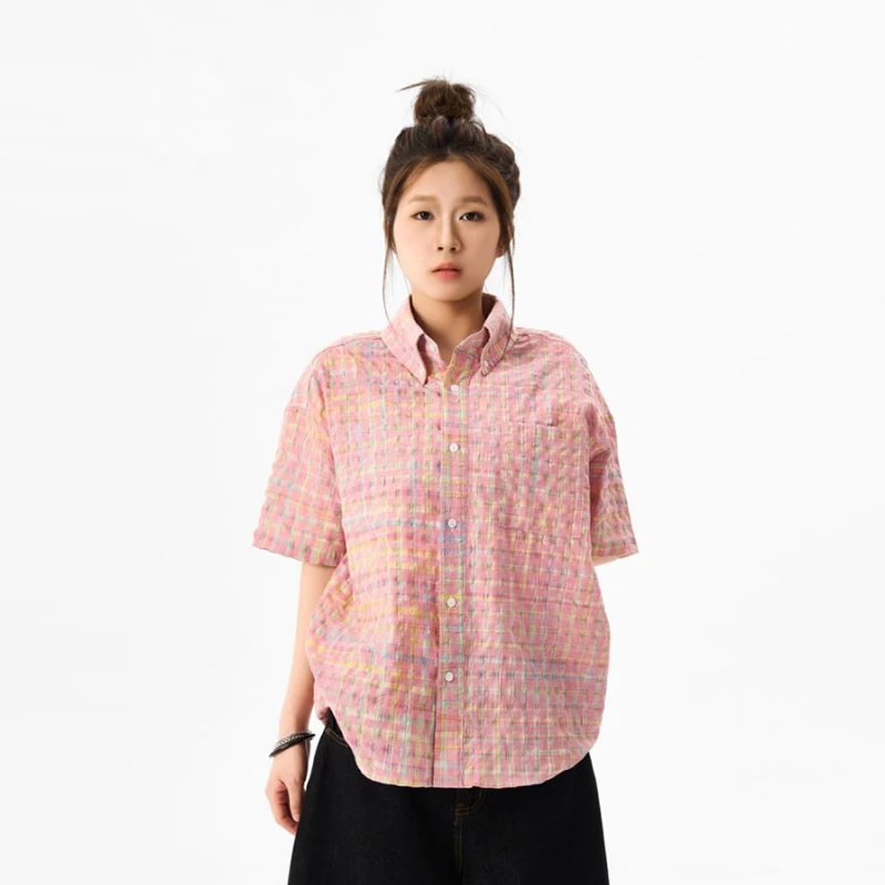 CDDR街头休闲泡泡纱格纹夏季短袖衬衫潮牌痞帅高级感衬衣宽松上衣