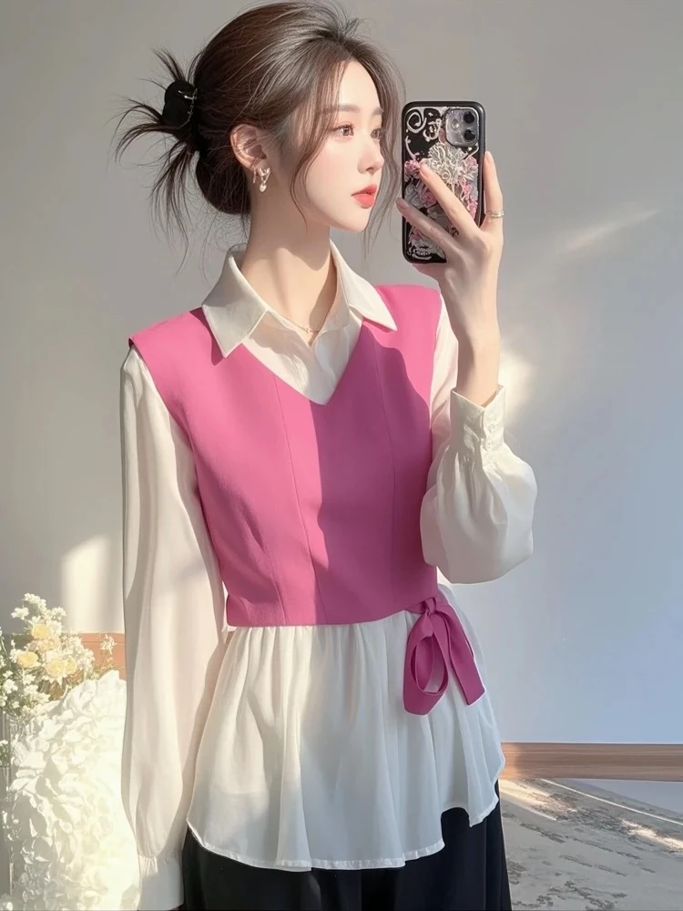 长袖雪纺衬衫春装女2025年新款爆款小衫轻奢高级感收腰假两件上衣