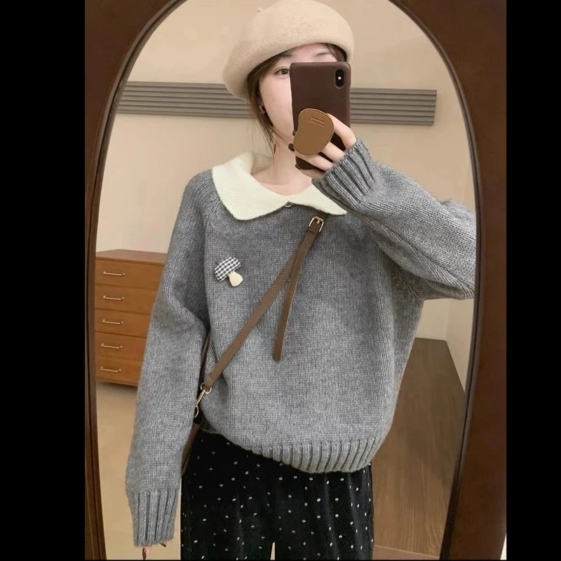 甜美可爱淑女风娃娃领毛衣2024年冬季新款减龄韩版休闲显瘦针织衫