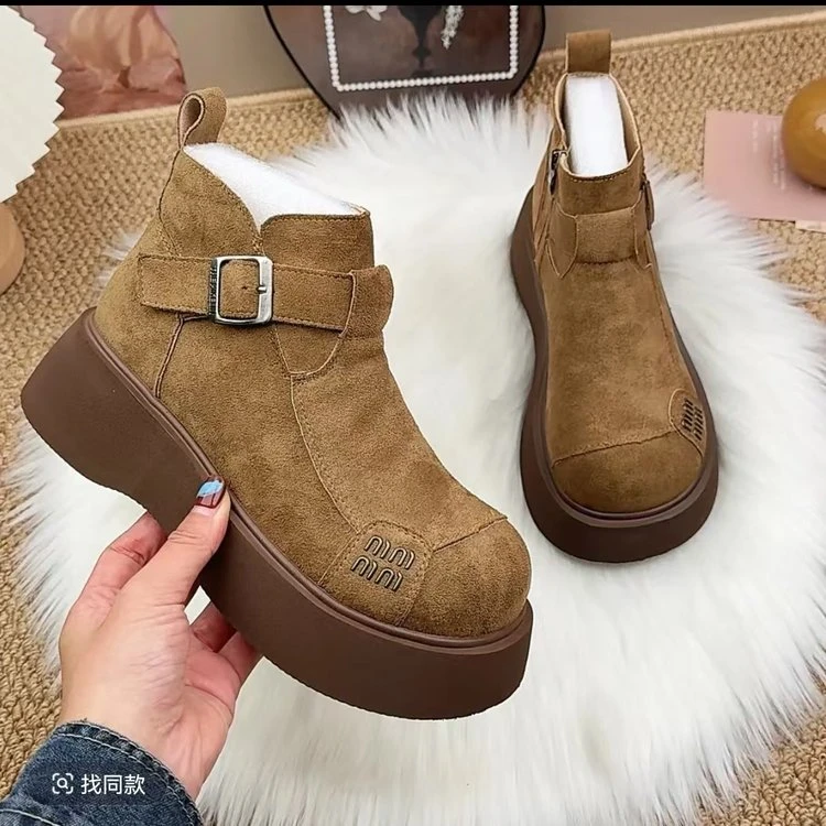 森家复古厚底短靴2024冬季新款加绒厚底保暖雪地棉鞋Y