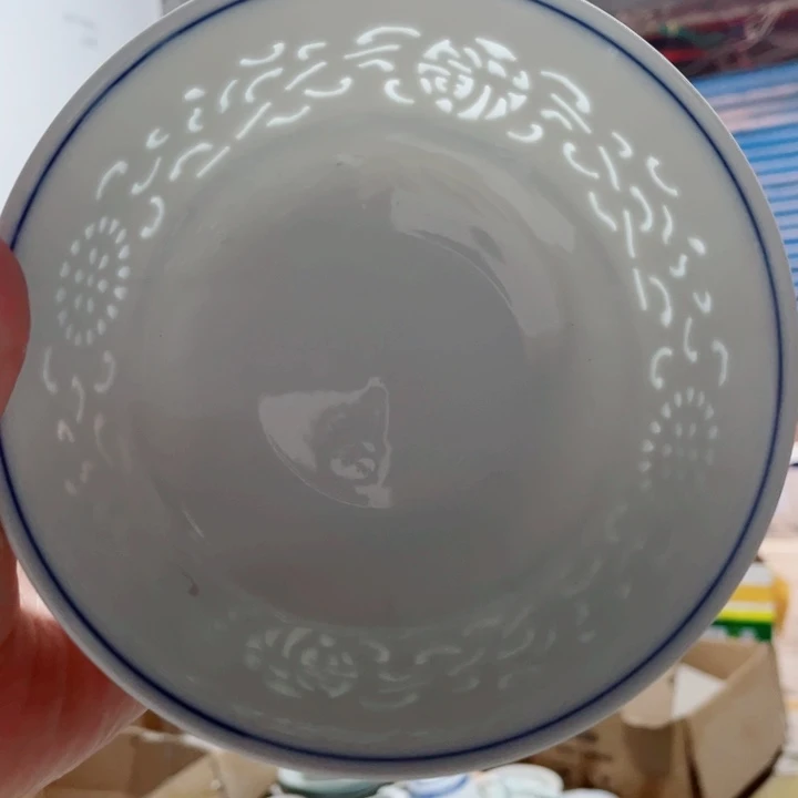 青花玲珑7寸满雕面碗双福双线