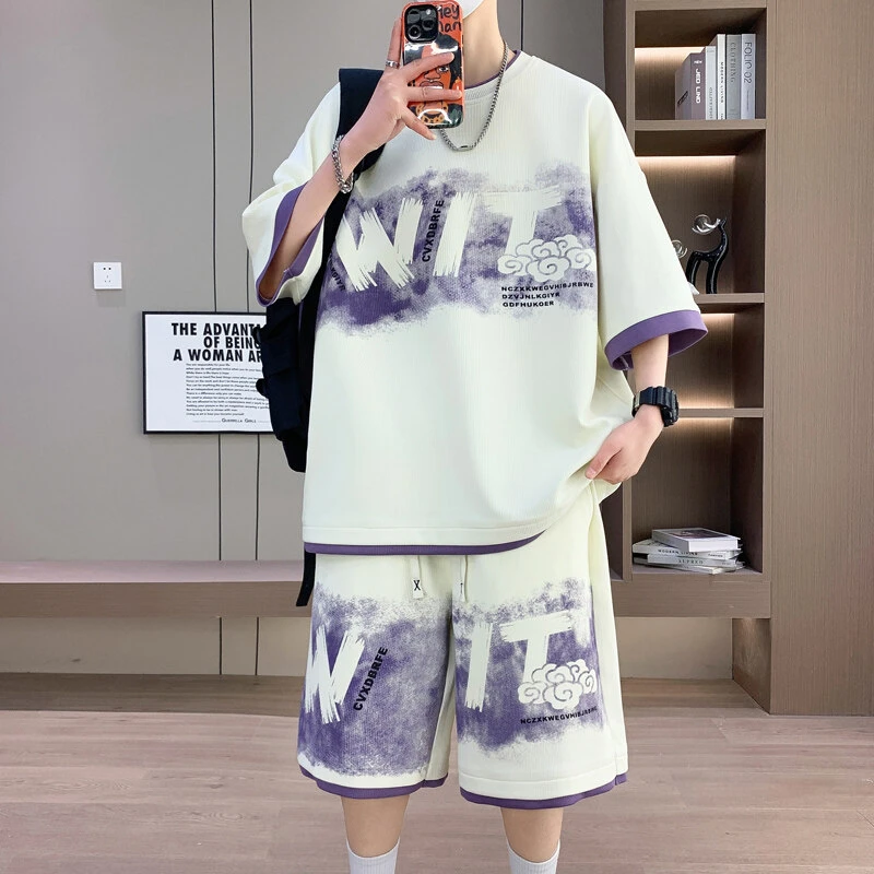 扎染青少年休闲运动套装男2025新款短袖T恤短裤一套男装搭配帅气