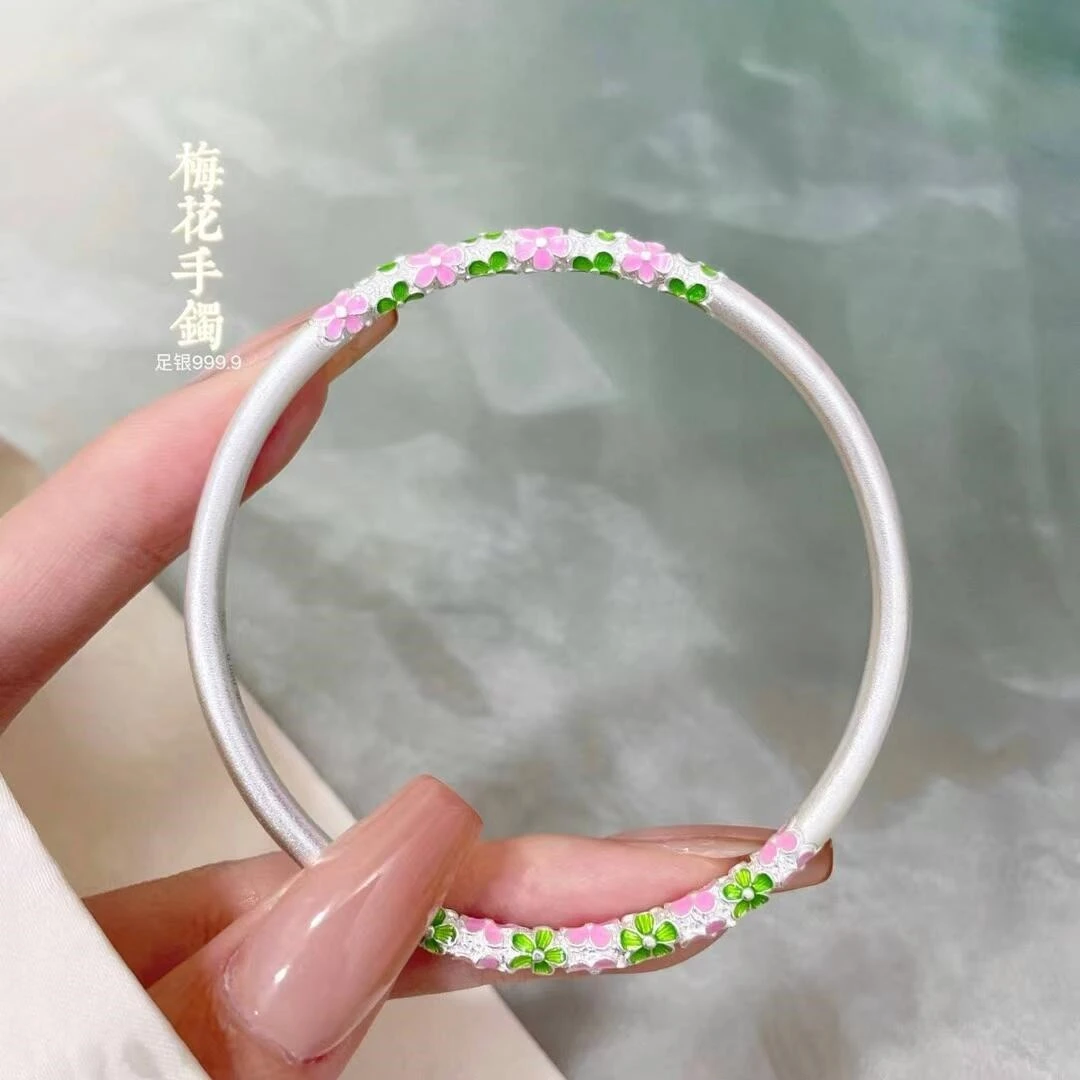 足银手镯 描金珐琅彩梅花纯银S999实心手镯子百搭520情人节送女友