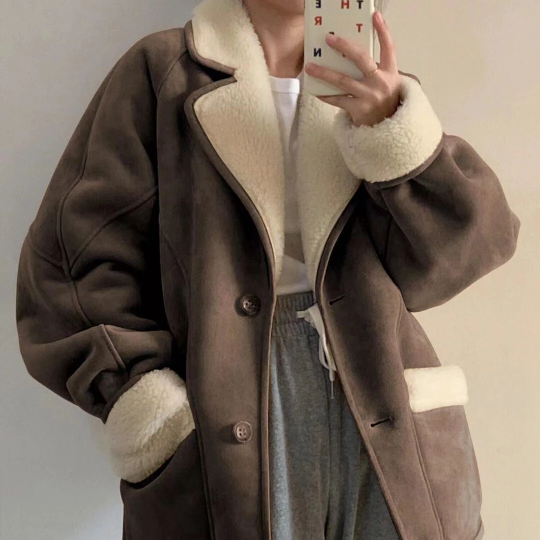 高级感卡其色翻领夹克外套女秋冬加绒加厚小个子皮毛一体棉服