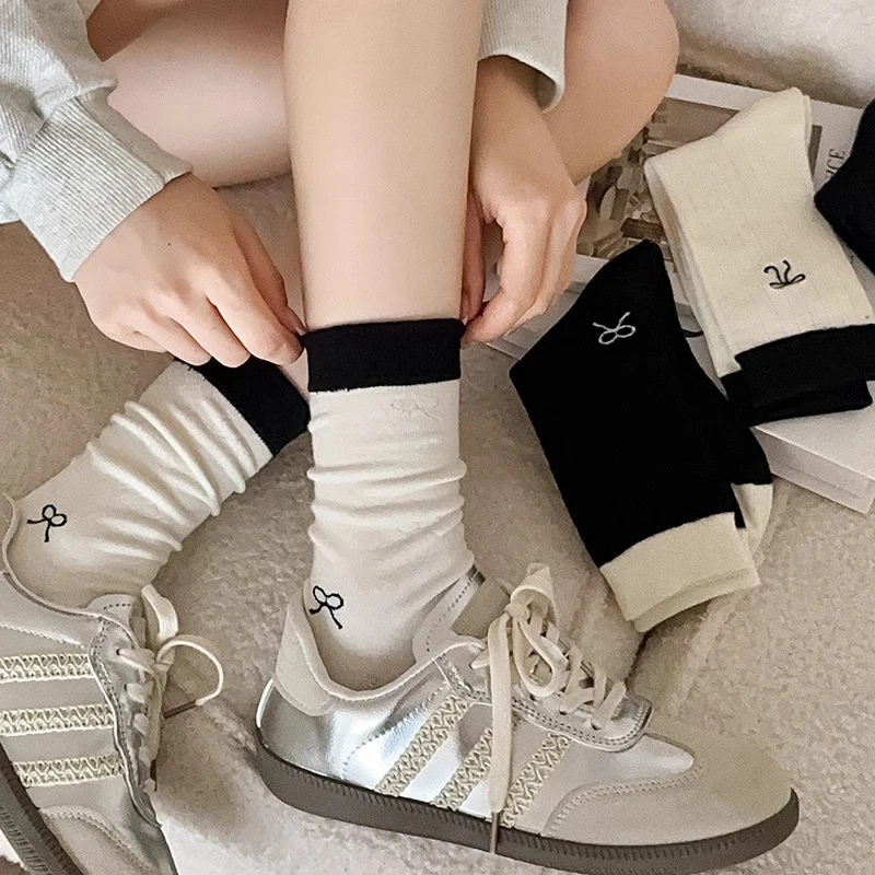 夏季蝴蝶结袜子芭蕾风女款中筒袜春秋冬季黑白色堆堆袜配玛丽珍鞋