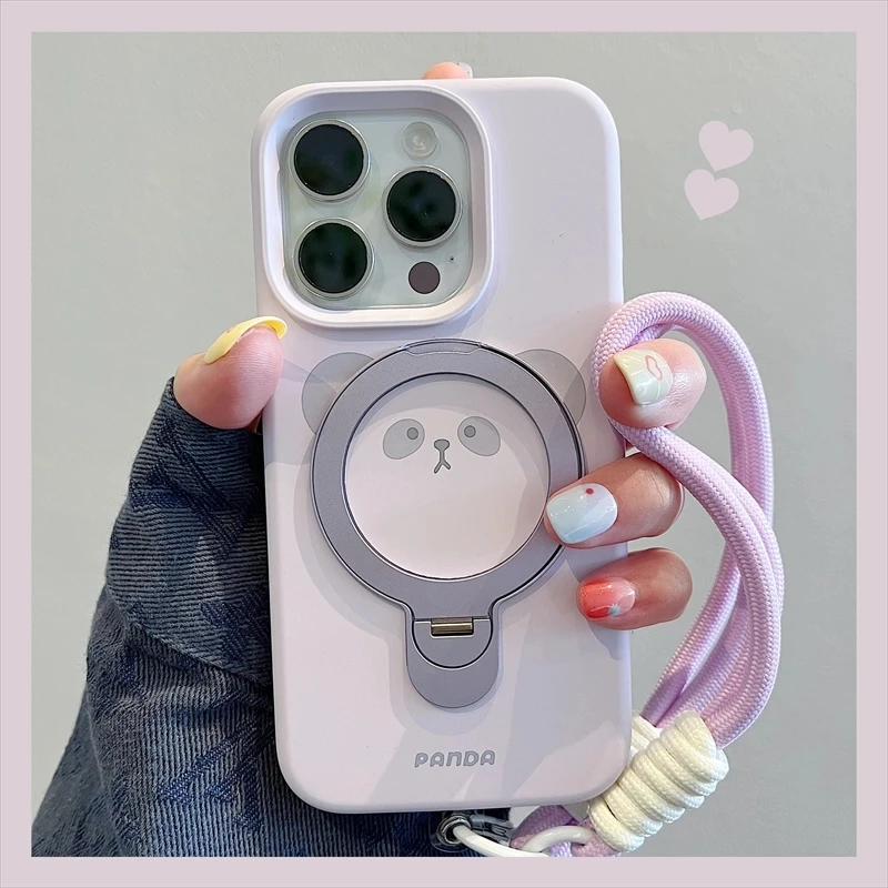 熊猫浅紫支点壳带挂绳适用苹果16promax手机壳iphone15pro支架14