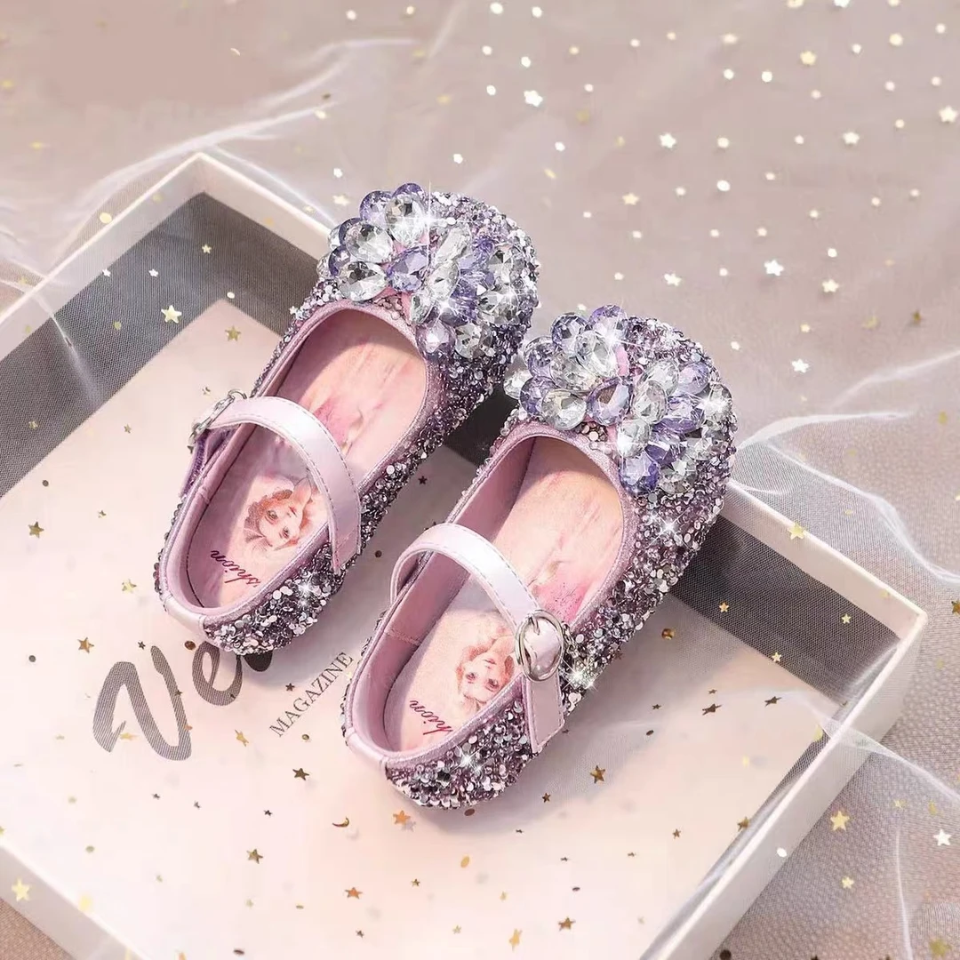 女童水晶鞋2025新款儿童艾莎公主鞋春秋款女宝软底小皮鞋紫色春款