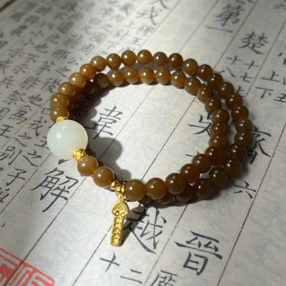 【大新珠宝】和田玉糖玉双圈手串 约6mm+白玉单珠-多样性发一